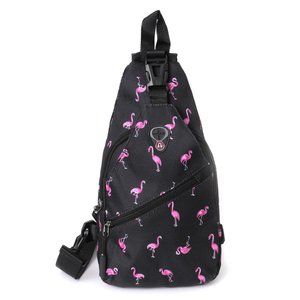 Black Sling Crossbody Bag with Pink Flamingo Print